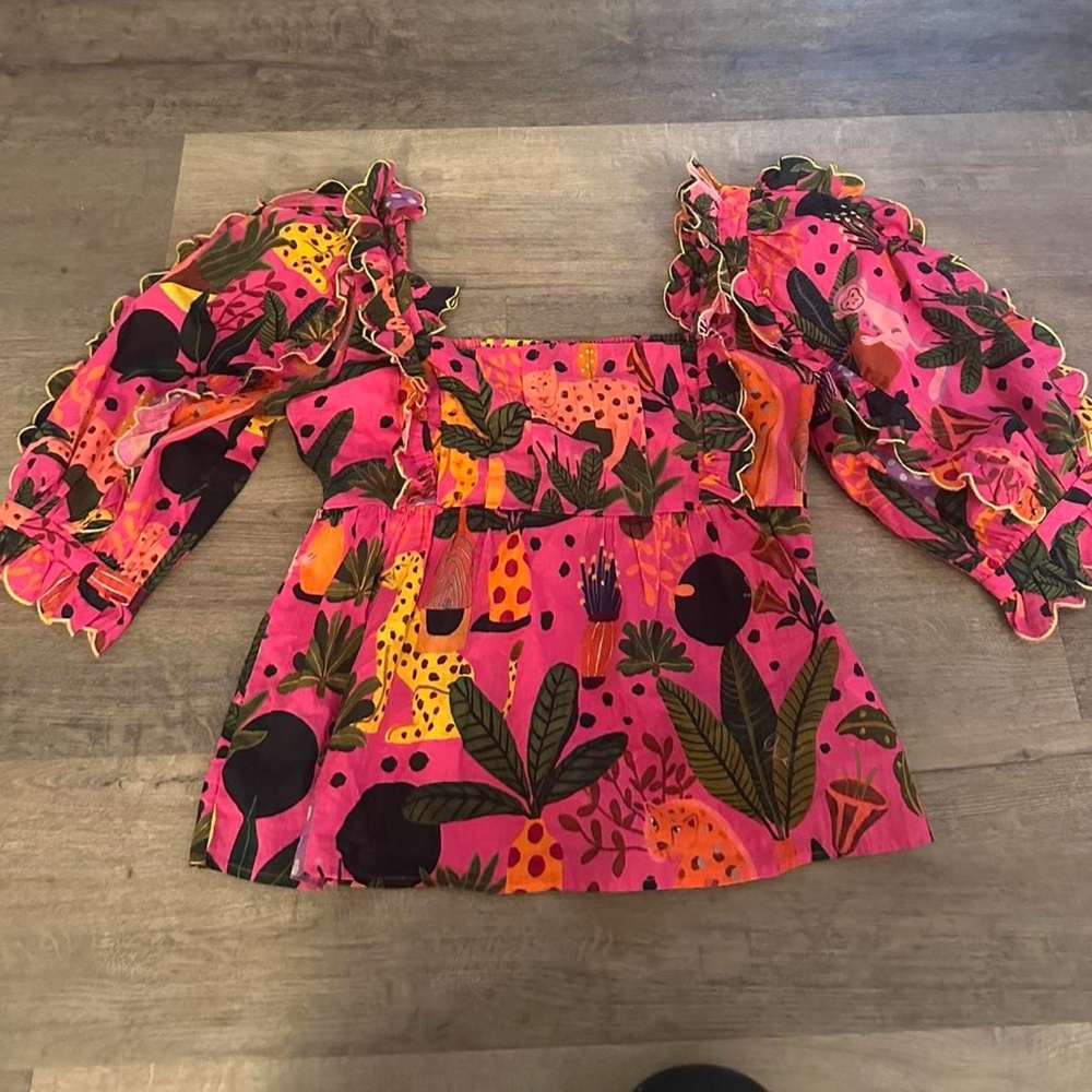 FARM Rio Pink and Black Smocked Top